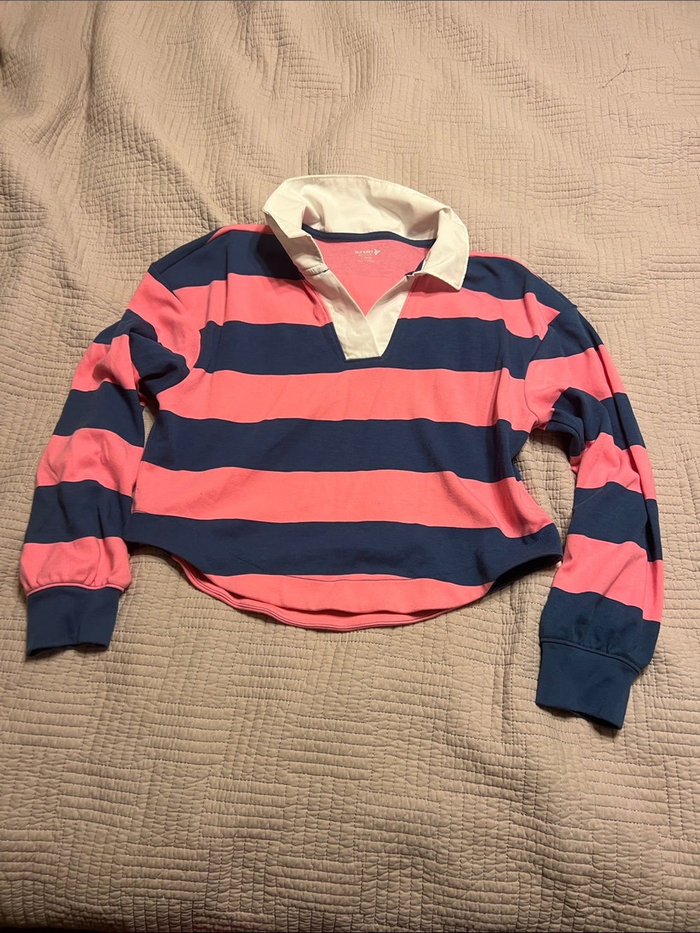 Old Navy Pink & Navy Striped Rugby Pullover with White Collar